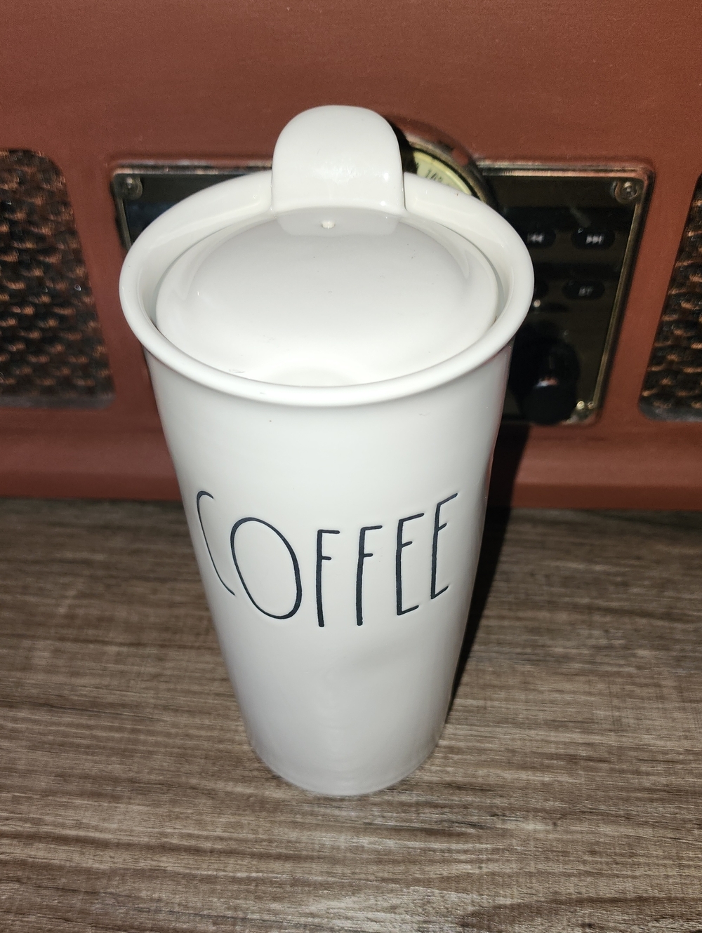 Rae Dunn White Ceramic Travel Mug with COFFEE Lettering and Lid
